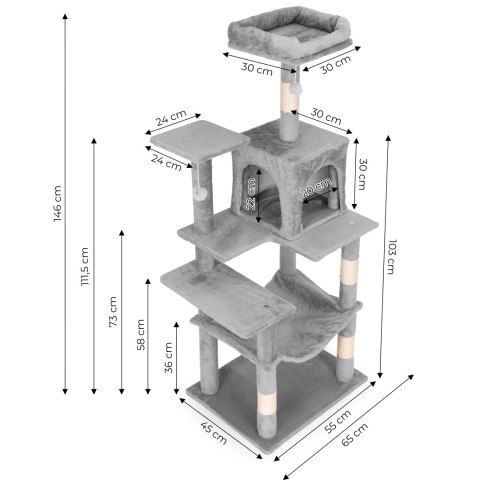 Drapak dla kota legowisko słupek wieża do drapania domek 146 cm szary Petsi