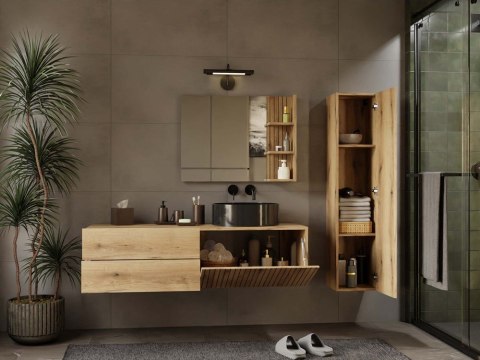 SZAFKA POD UMYWALKĘ TIGO 1D2S DĄB EVOKE 140 CM 2 SZUFLADY RYFLOWANY FRONT WISZĄCA