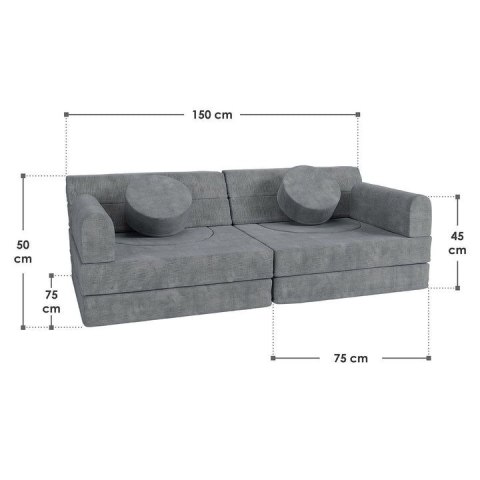Szara sofa modułowa dla dzieci z pianki, zdejmowane pokrowce