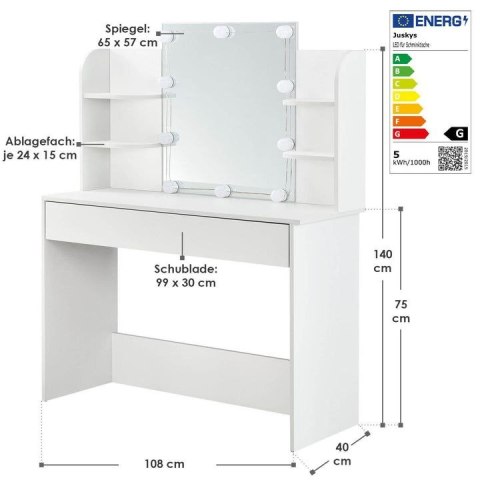 Toaletka kosmetyczna LED, biała, z szufladą i półkami