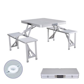 "Marbueno Zestaw Stół i 4 Siedzenia z Otworem na Parasol Składany Aluminiowy Szary Camping i Plaża 136X85X67 cm 10439"
