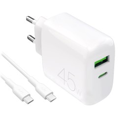 Ładowarka sieciowa USB-C USB-A PD z kablem USB-C 45W - biała