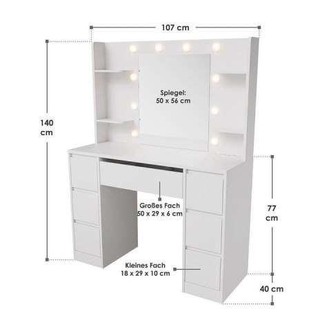 Nowoczesna toaletka LED, 7 szuflad, biała, 107x40 cm