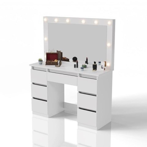 Toaletka kosmetyczna LED, 7 szuflad, biała, 108x41x140 cm