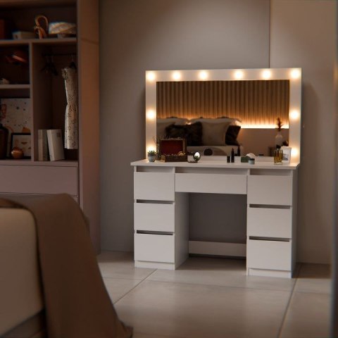 Toaletka kosmetyczna LED, 7 szuflad, biała, 108x41x140 cm