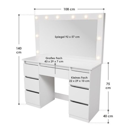 Toaletka kosmetyczna LED, 7 szuflad, biała, 108x41x140 cm