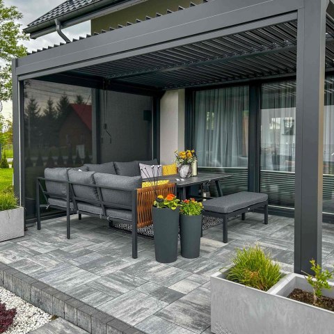 Zestaw Mebli Ogrodowych Jadalnianych TEXAS Narożny dla 6 Osób Sofa Stół Ławka SZARY