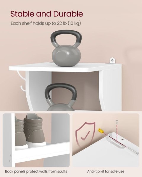 Wąska biała szafka na buty z haczykami, 9 półek