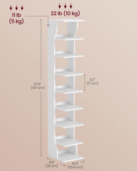 Wąska biała szafka na buty z haczykami, 9 półek