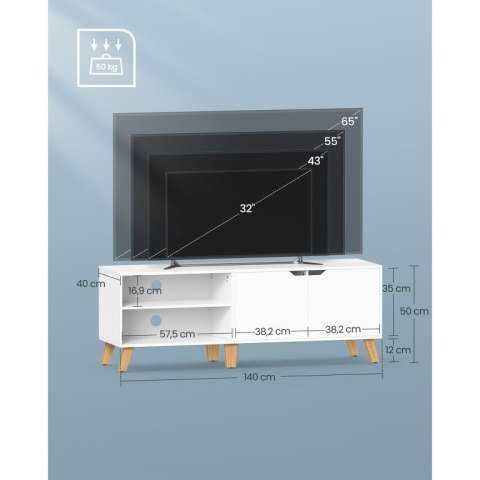 Biała szafka RTV 140 cm z drewnianymi nogami i schowkiem