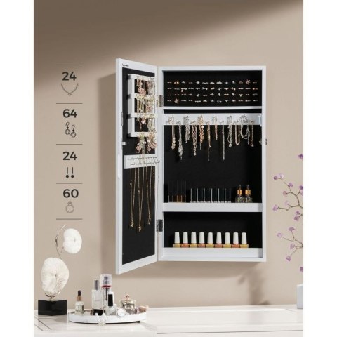 Biała szafka na biżuterię z lustrem i zamkiem, ścienna