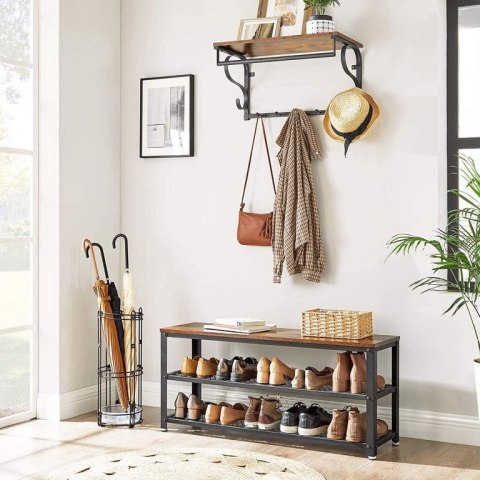 Industrialna ławka z półkami na buty, drewno i metal, 100 cm