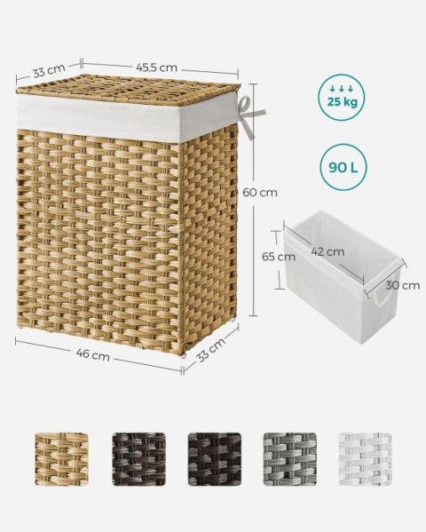 Kosz na pranie rattanowy z pokrywą 90 l, naturalny, składany