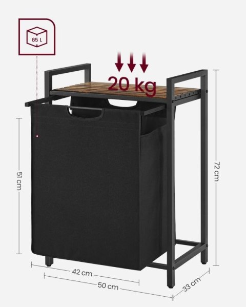 Kosz na pranie z półką 65 l, stalowy, vintage brąz/czarny