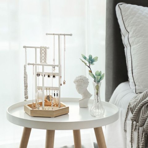 Stojak na biżuterię z drewna i stali, 3 poziomy, biały