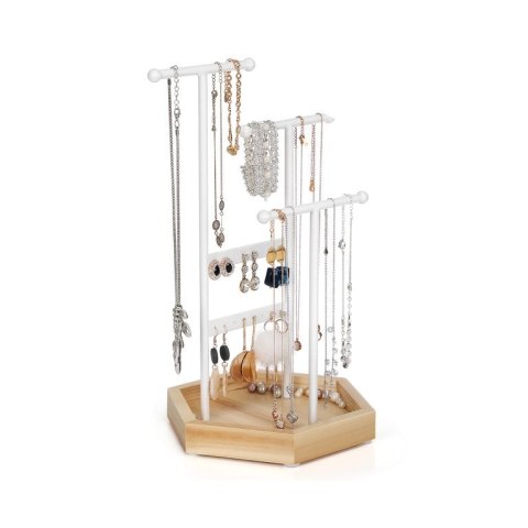 Stojak na biżuterię z drewna i stali, 3 poziomy, biały