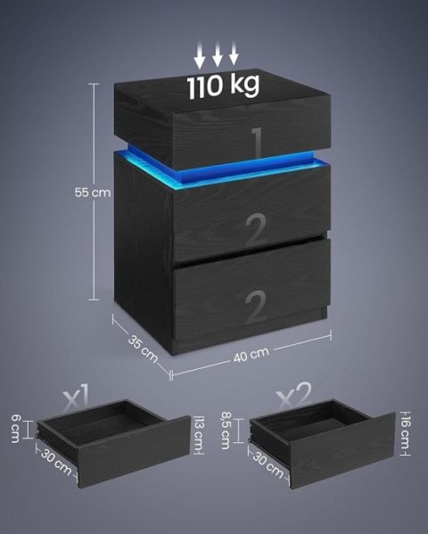 Stolik nocny LED czarny, 3 szuflady, designerski, 40x35x55cm