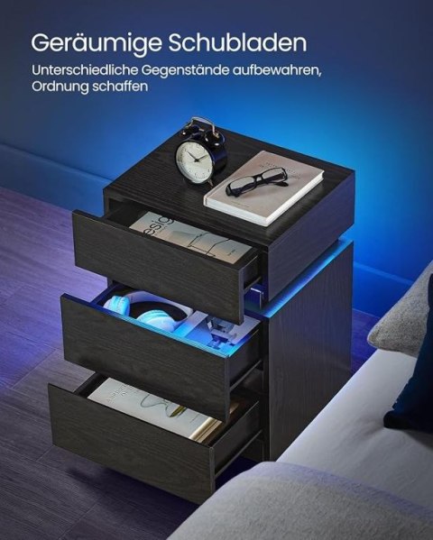 Stolik nocny LED czarny, 3 szuflady, designerski, 40x35x55cm