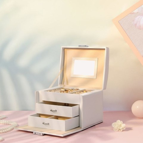 Szkatułka na biżuterię biała, 3 poziomy, z lusterkiem