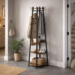 Wieszak stojący z półkami, stal i drewno, 43x43x180 cm, brąz