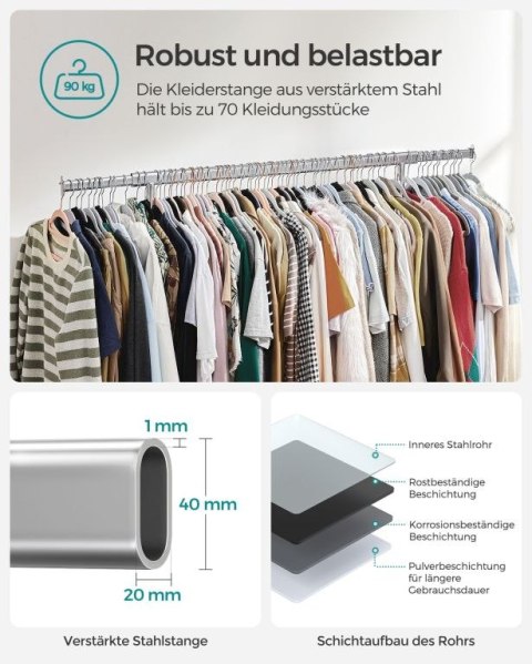 Wysuwany stojak na ubrania, stalowy, na kółkach, 90 kg