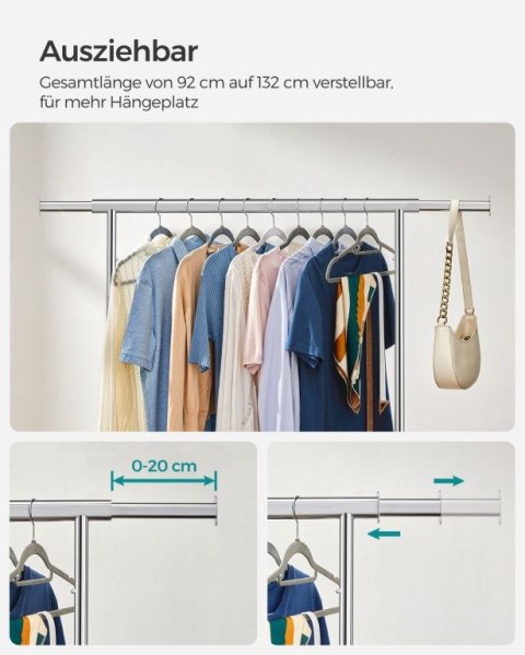 Wysuwany stojak na ubrania, stalowy, na kółkach, 90 kg