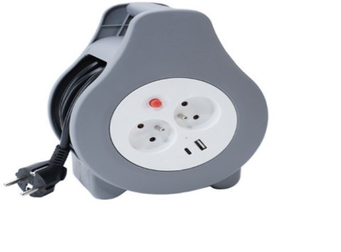 MONTIS PRZEDŁUŻACZ DOMOWY ZWIJANY Z DWOMA GNIAZDAMI USB TYPU A+C 10M SZARY MT188