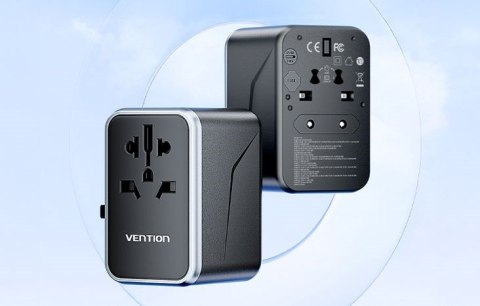 Uniwersalny adapter podróżny z ładowarką Vention 65W GaN 2x USB-A 2x USB-C czarny