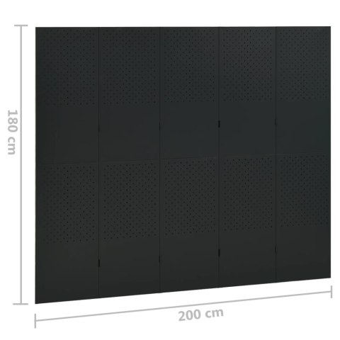 Parawan 5-panelowy, czarny, 200 x 180 cm, stalowy