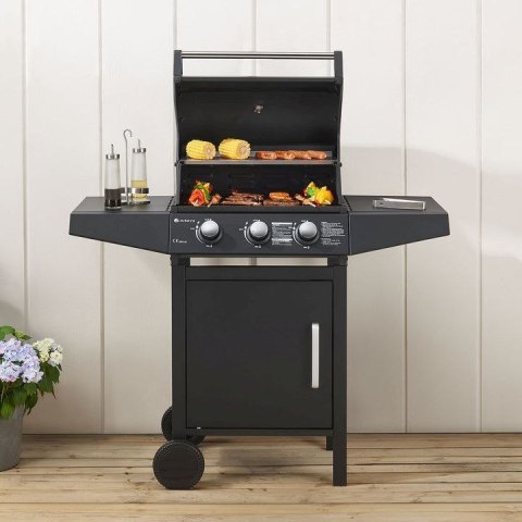 Ogrodowy grill gazowy z trzema palnikami, pokrowcem, czarny
