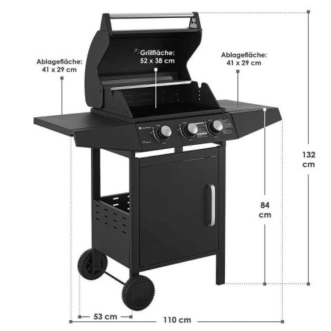 Ogrodowy grill gazowy z trzema palnikami, pokrowcem, czarny