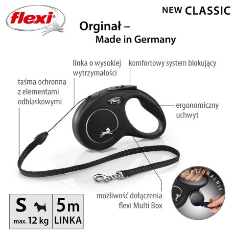 Smycz flexi automatyczna New Classic S linka 5 m - dla psa do 12 kg, kolor czarny
