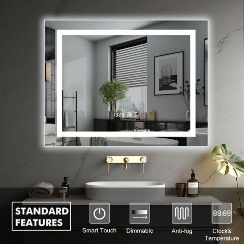 Lustro łazienkowe LED 80x60 cm z zegarem i funkcją odmgławia