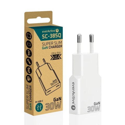 EVERACTIVE ŁADOWARKA SIECIOWA 2 X USB-C QUICK CHARGE 4+ 30W SUPER SLIM BIAŁA SC-385Q