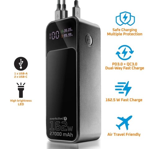EVERACTIVE POWERBANK 27 000MAH, 1X USB, 2X USB-C, 162,5W, QC4+, WBUDOWANA LATARKA, WYŚWIETLACZ LCD, CZARNY EB-27Q