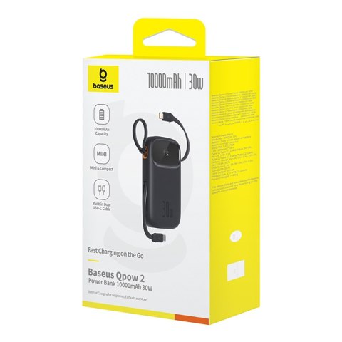 Power bank 10000mAh QPow 2 30W z wbudowanymi kablami USB-C - czarny