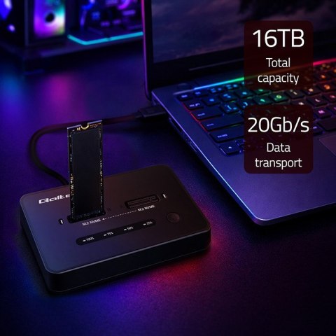 QOLTEC STACJA DOKUJĄCA SSD M.2 NVME | PCIE | USB-C | 20GB/S | DUAL 2X8TB | KLONOWANIE OFFLINE