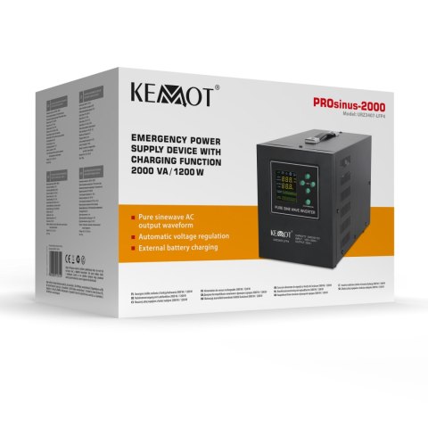 Zasilacz awaryjny KEMOT PROsinus-2000 przetwornica z czystym przebiegiem sinusoidalnym i funkcją ładowania 12V 230V 2000VA/1200W